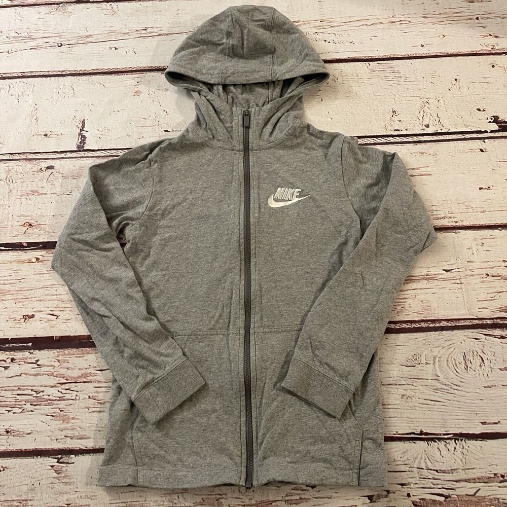Nike Hoodie Full Zip Jacket Heather Grey Pullover Size Kids Large Blue Tag